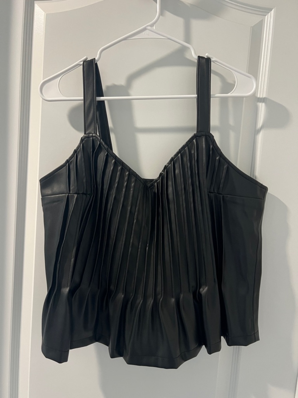 Pleated Black Vegan Leather Camisole